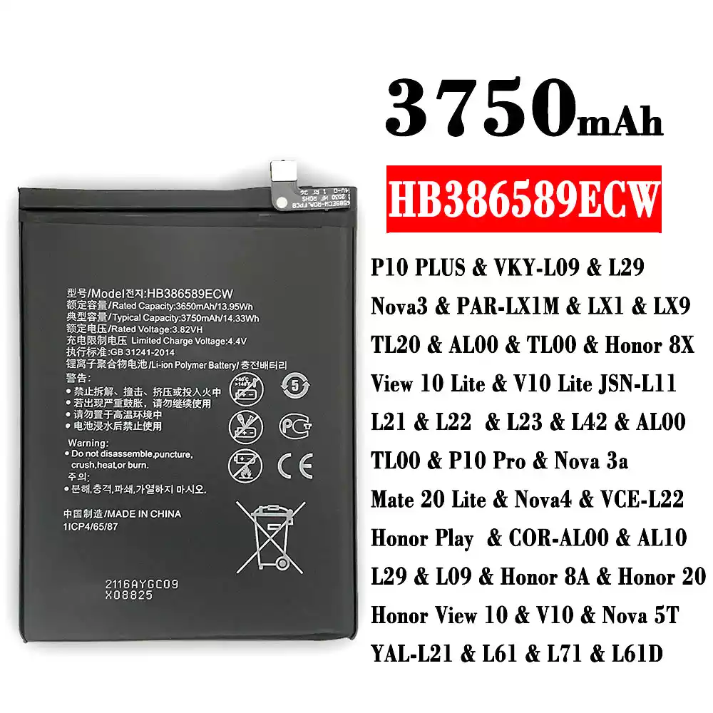 Baterai Original HB386589ECW for HUAWEI P10 PLUS /Nova3 / Honor 8X / View 10 Lite / P10 Pro / Nova 3a / Mate 20 Lite / Nova4 / Honor 8A / Honor 20 / Honor View 10 / Nova 5T